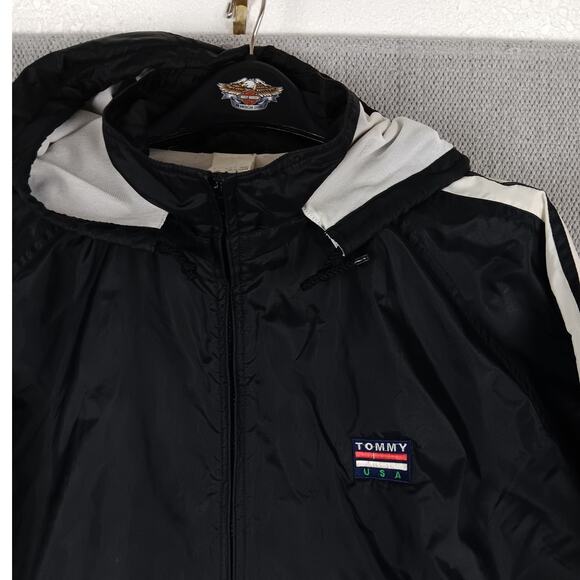 Tommy Hilfiger Vintage Windbreaker Mens XL Black Striped Pro Sport Embroidered - Picture 5 of 11
